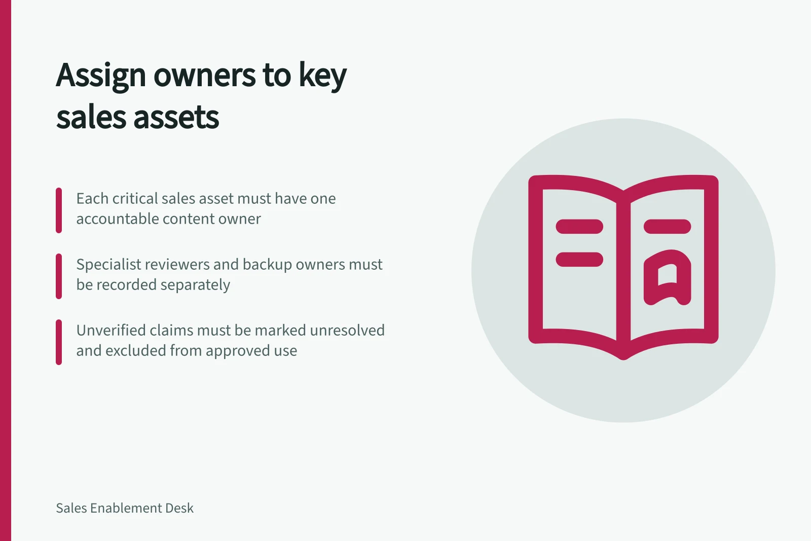 Assign owners to key sales assets: Each critical sales asset must have one accountable content owner; Specialist reviewers and backup owners must be recorded separately; Unverified claims must be marked unresolved and excluded from approved use