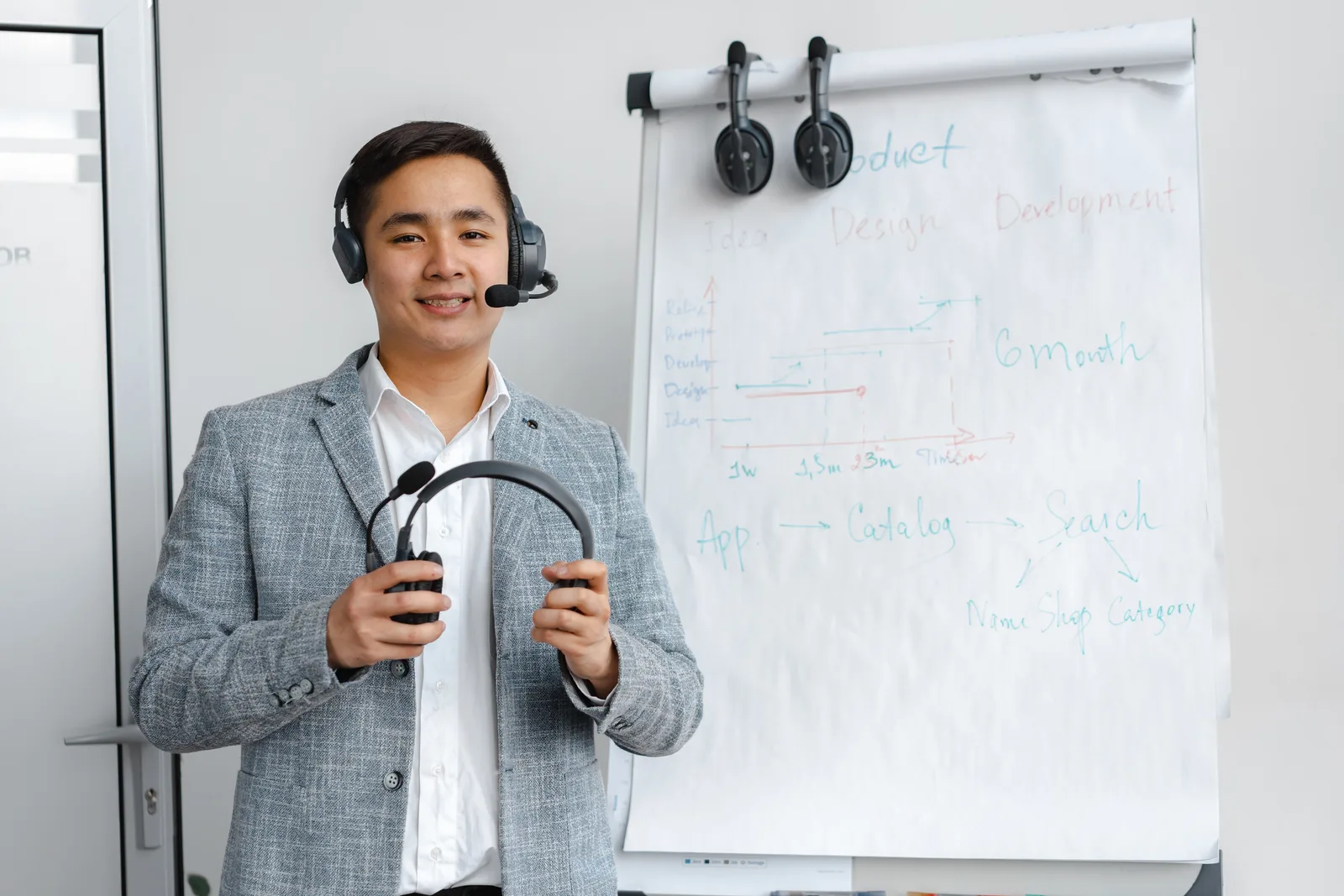 Friendly call center agent wearing headphones in an office setting with a flip chart presentation.