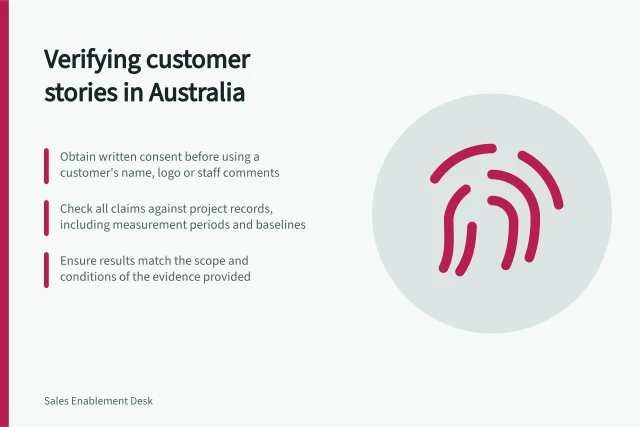 Verifying customer stories in Australia: Obtain written consent before using a customer's name, logo or staff comments; Check all claims against project records, including measurement periods and baselines; Ensure results match the scope and conditions of the evidence provided. Building a customer story with verifiable evidence