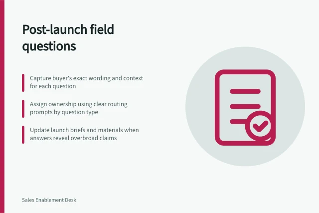 Post-launch field questions: Capture buyer's exact wording and context for each question; Assign ownership using clear routing prompts by question type; Update launch briefs and materials when answers reveal overbroad claims. Collecting field questions after a launch