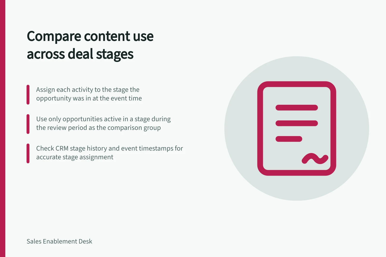 Compare content use across deal stages: Assign each activity to the stage the opportunity was in at the event time; Use only opportunities active in a stage during the review period as the comparison group; Check CRM stage history and event timestamps for accurate stage assignment