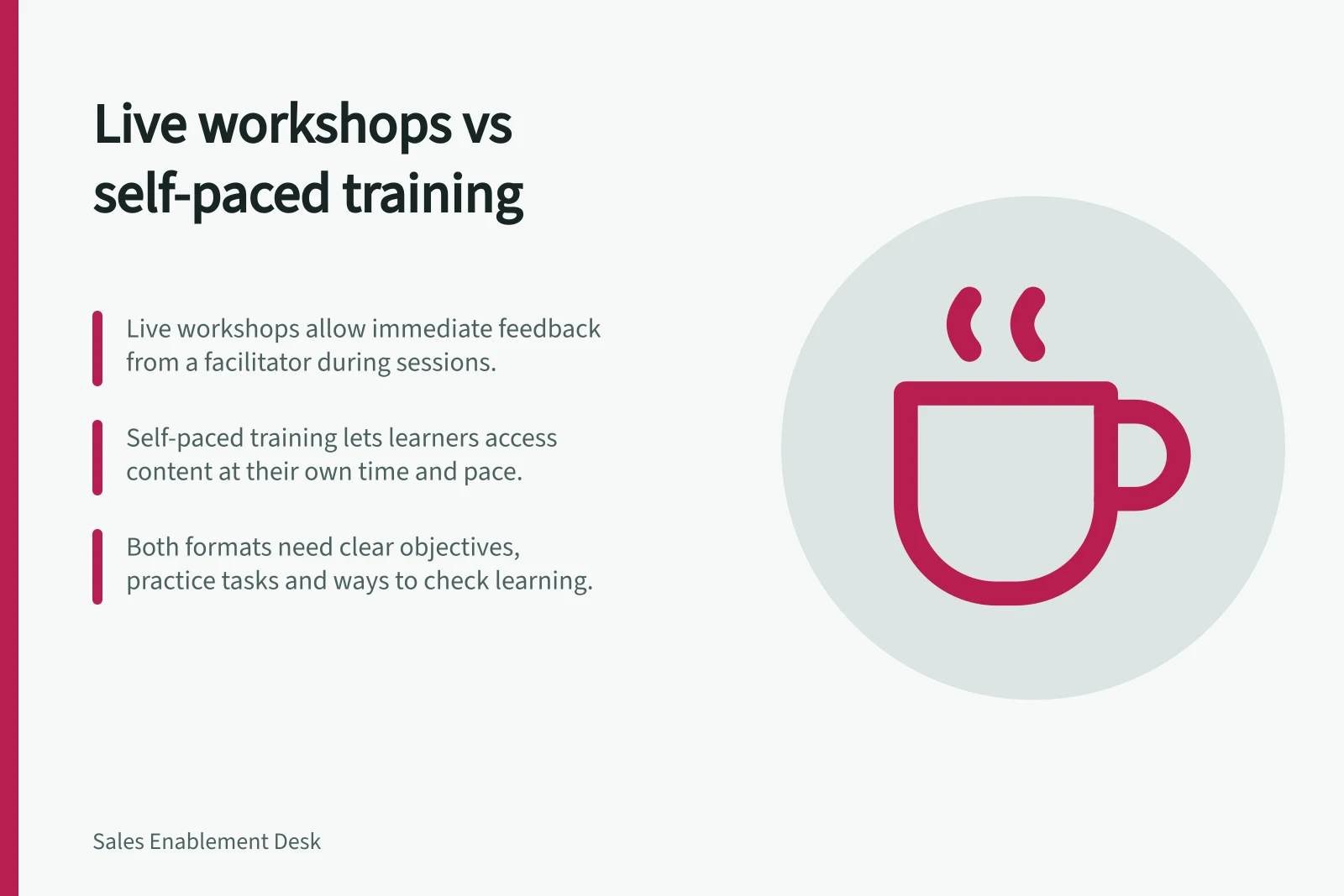 Live workshops vs self-paced training: Live workshops allow immediate feedback from a facilitator during sessions.; Self-paced training lets learners access content at their own time and pace.; Both formats need clear objectives, practice tasks and ways to check learning.