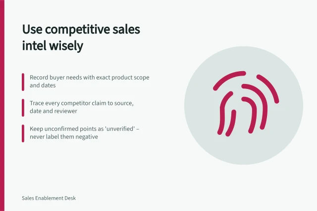 Use competitive sales intel wisely: Record buyer needs with exact product scope and dates; Trace every competitor claim to source, date and reviewer; Keep unconfirmed points as 'unverified' – never label them negative. Competitive sales intelligence