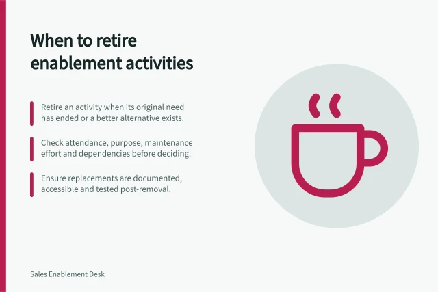 When to retire enablement activities: Retire an activity when its original need has ended or a better alternative exists.; Check attendance, purpose, maintenance effort and dependencies before deciding.; Ensure replacements are documented, accessible and tested post-removal. Deciding which enablement activity is not worth maintaining