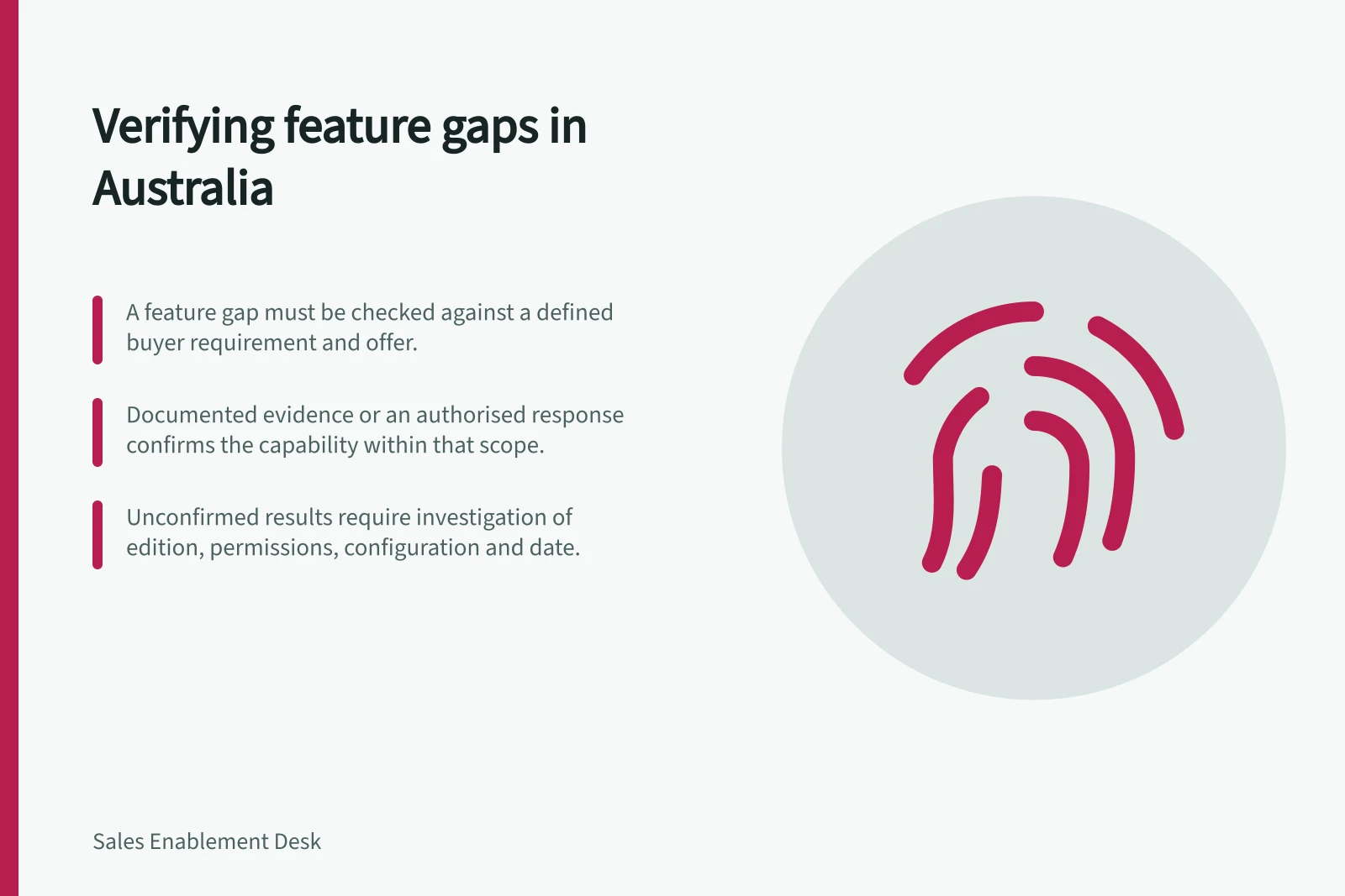 Verifying feature gaps in Australia: A feature gap must be checked against a defined buyer requirement and offer.; Documented evidence or an authorised response confirms the capability within that scope.; Unconfirmed results require investigation of edition, permissions, configuration and date.