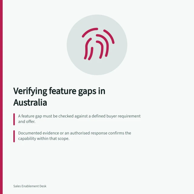 Verifying feature gaps in Australia: A feature gap must be checked against a defined buyer requirement and offer.; Documented evidence or an authorised response confirms the capability within that scope.; Unconfirmed results require investigation of edition, permissions, configuration and date. Distinguishing a verified feature gap from hearsay