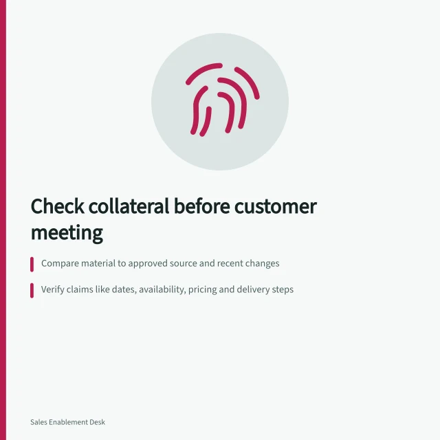Check collateral before customer meeting: Compare material to approved source and recent changes; Verify claims like dates, availability, pricing and delivery steps; Use only current, confirmed assets—no outdated slides or promises. Finding outdated collateral before a customer meeting