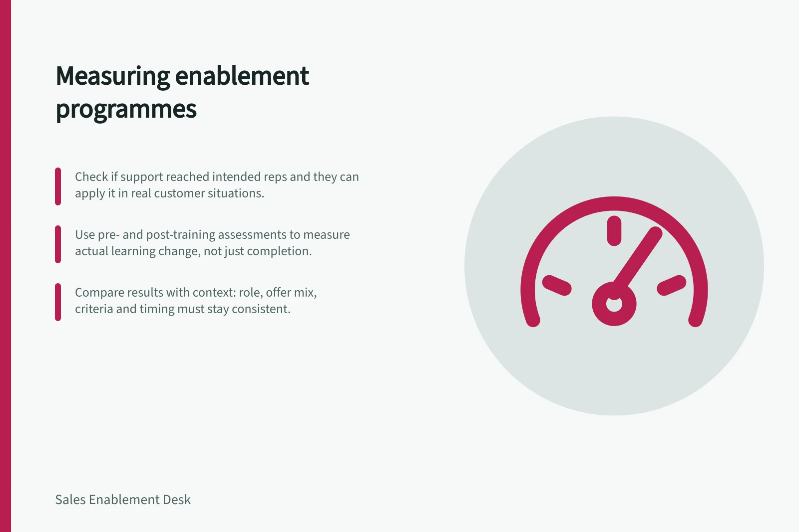 Measuring enablement programmes: Check if support reached intended reps and they can apply it in real customer situations.; Use pre- and post-training assessments to measure actual learning change, not just completion.; Compare results with context: role, offer mix, criteria and timing must stay consistent.