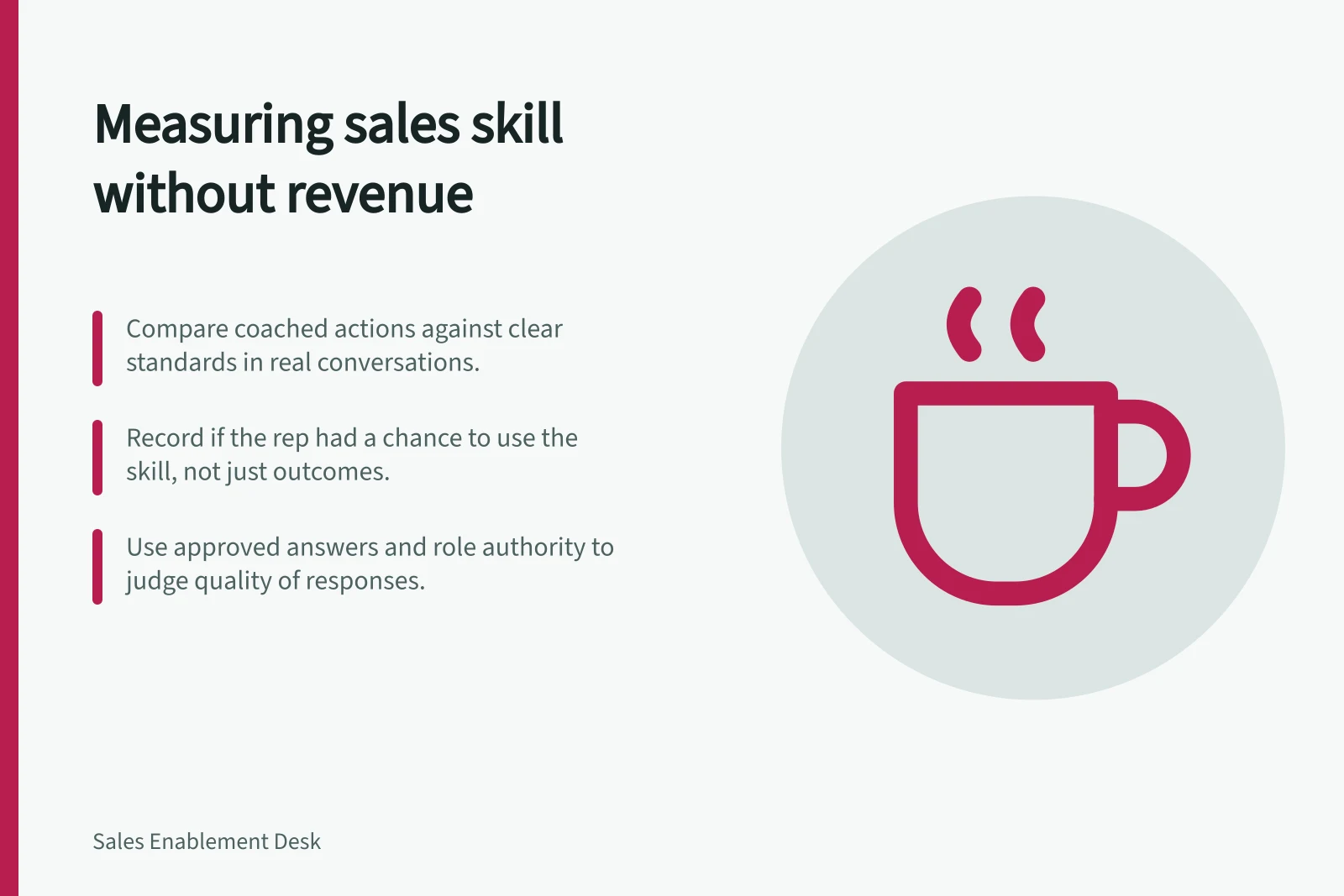 Measuring sales skill without revenue: Compare coached actions against clear standards in real conversations.; Record if the rep had a chance to use the skill, not just outcomes.; Use approved answers and role authority to judge quality of responses.