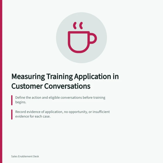 Measuring Training Application in Customer Conversations: Define the action and eligible conversations before training begins.; Record evidence of application, no opportunity, or insufficient evidence for each case.; Compare results across rounds using consistent criteria and review periods. Measuring training application in customer conversations