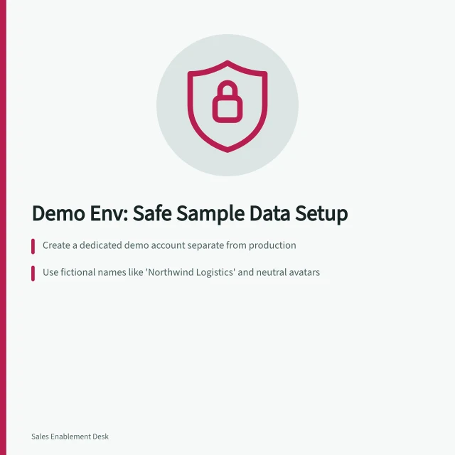 Demo Env: Safe Sample Data Setup: Create a dedicated demo account separate from production; Use fictional names like 'Northwind Logistics' and neutral avatars; Generate 20 dummy customer records with AI or scripts for SaaS CRM. Preparing a demo environment with safe sample data