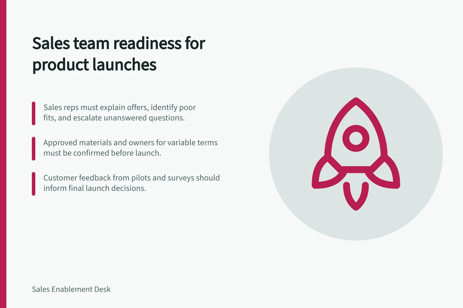 Sales team readiness for product launches: Sales reps must explain offers, identify poor fits, and escalate unanswered questions.; Approved materials and owners for variable terms must be confirmed before launch.; Customer feedback from pilots and surveys should inform final launch decisions.