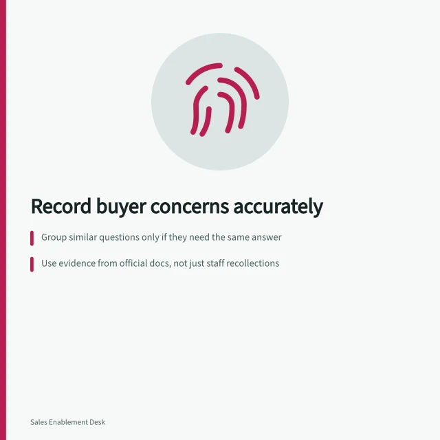 Record buyer concerns accurately: Group similar questions only if they need the same answer; Use evidence from official docs, not just staff recollections; Keep account-specific commitments in individual records, not shared banks. Recording accurate answers to repeated buyer concerns