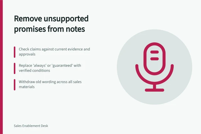 Remove unsupported promises from notes: Check claims against current evidence and approvals; Replace 'always' or 'guaranteed' with verified conditions; Withdraw old wording across all sales materials. Removing unsupported promises from objection-handling notes