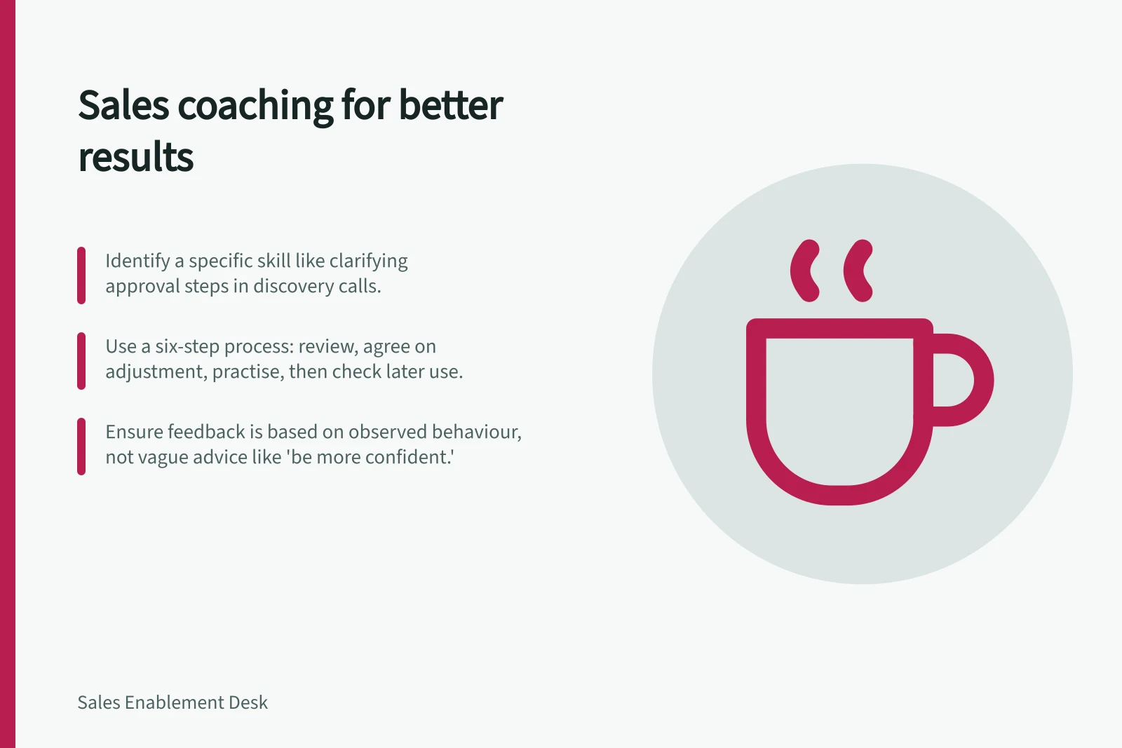 Sales coaching for better results: Identify a specific skill like clarifying approval steps in discovery calls.; Use a six-step process: review, agree on adjustment, practise, then check later use.; Ensure feedback is based on observed behaviour, not vague advice like 'be more confident.'