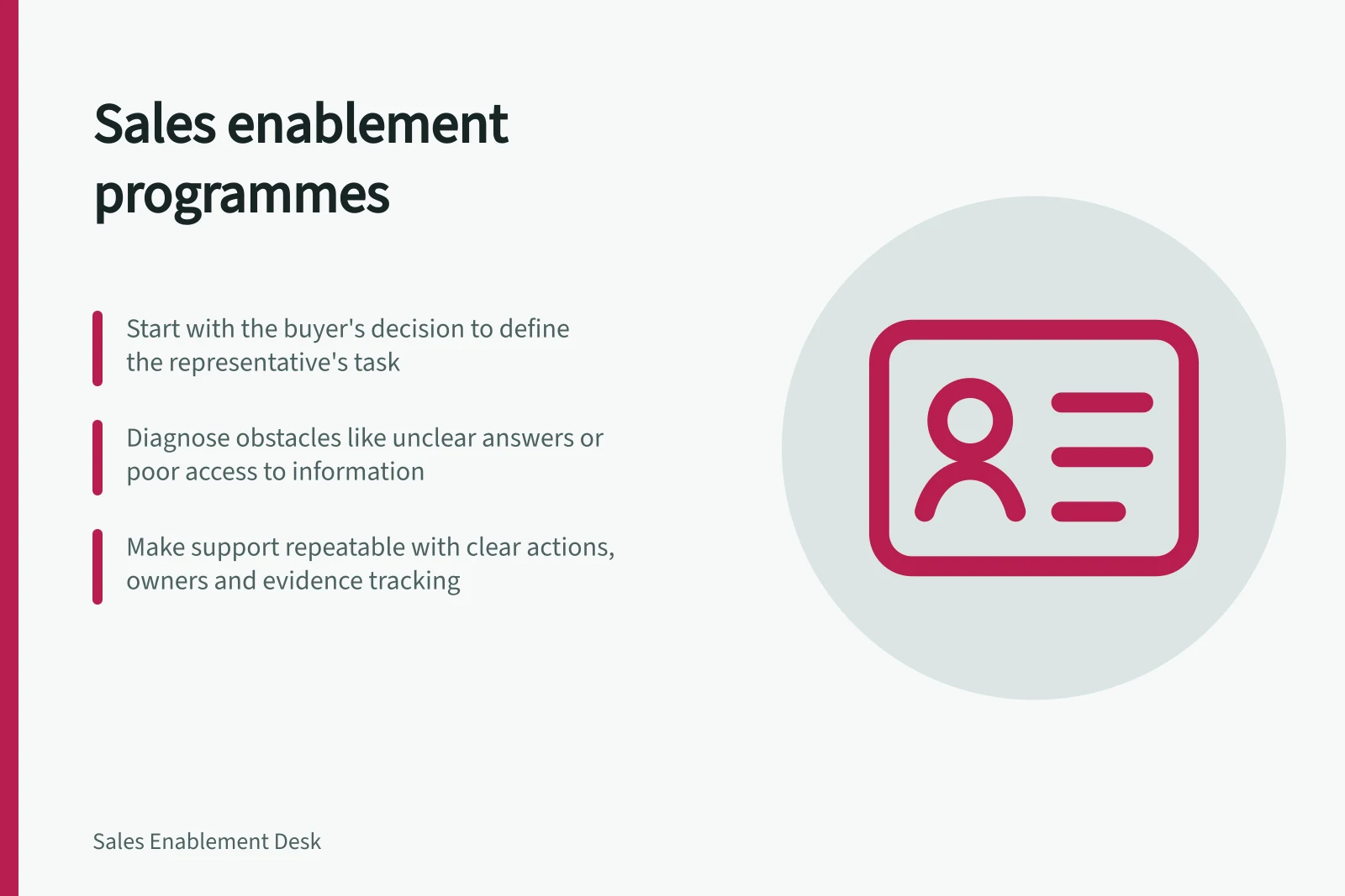 Sales enablement programmes: Start with the buyer's decision to define the representative's task; Diagnose obstacles like unclear answers or poor access to information; Make support repeatable with clear actions, owners and evidence tracking