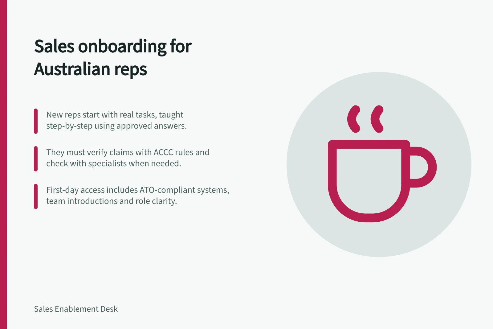 Sales onboarding for Australian reps: New reps start with real tasks, taught step-by-step using approved answers.; They must verify claims with ACCC rules and check with specialists when needed.; First-day access includes ATO-compliant systems, team introductions and role clarity.