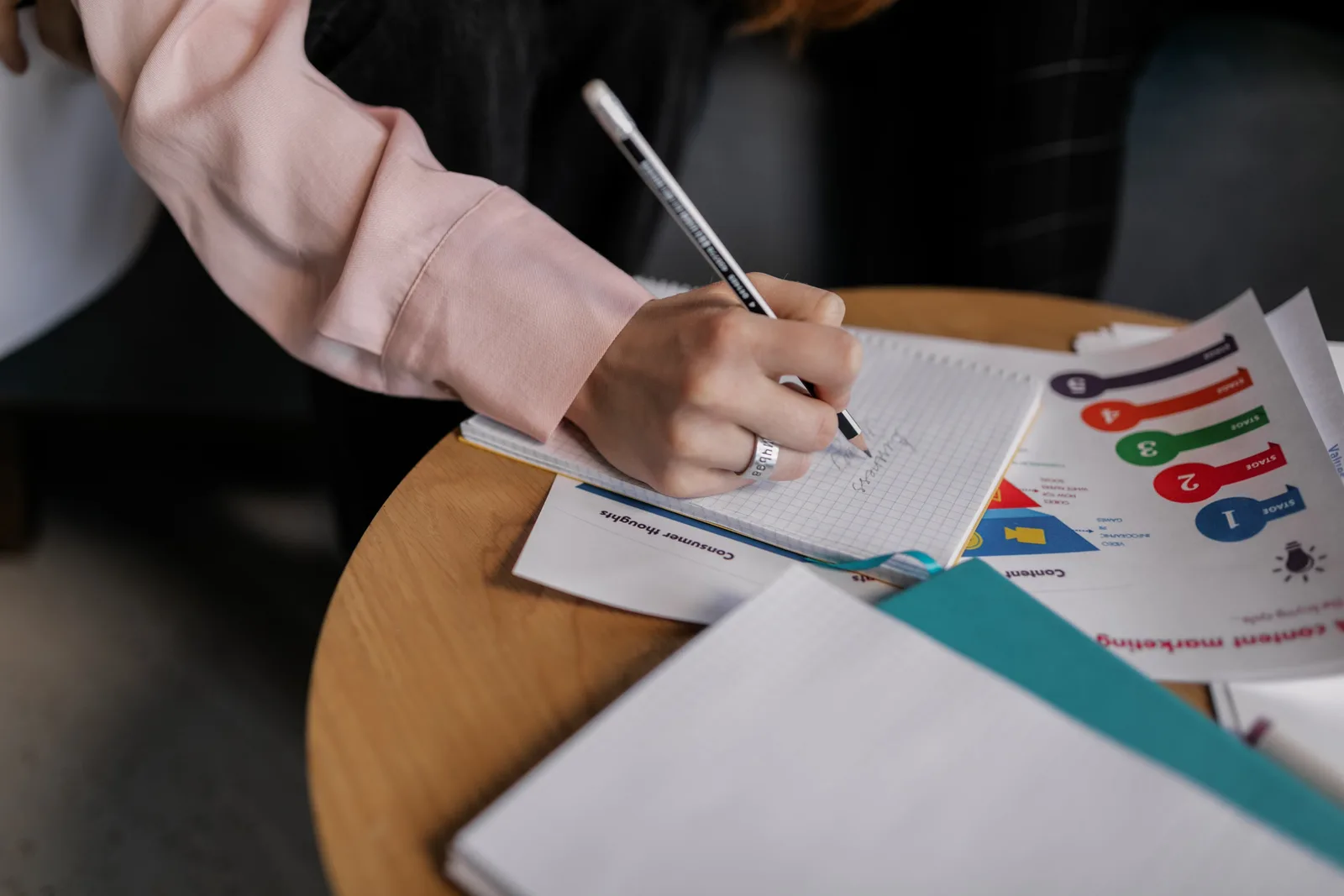 A person writing notes in a notebook with graphs on a table.